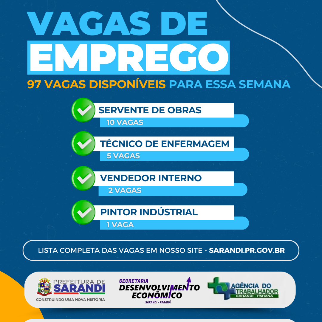 AGÊNCIA DO TRABALHADOR DE SARANDI INICIA SEMANA OFERTANDO 97 VAGAS DE EMPREGO